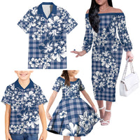 Hibiscus Pakala Cobalt Blue Royal Family Matching Off The Shoulder Long Sleeve Dress and Hawaiian Shirt Tropical Floral Stylized - Polynesian Pride