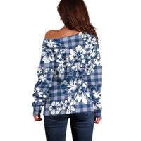 Hibiscus Pakala Cobalt Blue Royal Off Shoulder Sweater Tropical Floral Stylized - Polynesian Pride