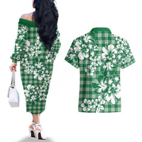 Hibiscus Pakala Emerald Green Couples Matching Off The Shoulder Long Sleeve Dress and Hawaiian Shirt Tropical Floral Stylized - Polynesian Pride