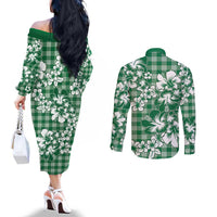 Hibiscus Pakala Emerald Green Couples Matching Off The Shoulder Long Sleeve Dress and Long Sleeve Button Shirt Tropical Floral Stylized - Polynesian Pride