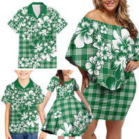 Hibiscus Pakala Emerald Green Family Matching Off Shoulder Short Dress and Hawaiian Shirt Tropical Floral Stylized - Polynesian Pride