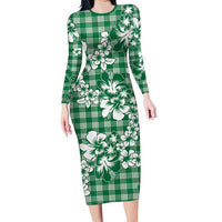 Hibiscus Pakala Emerald Green Long Sleeve Bodycon Dress Tropical Floral Stylized - Polynesian Pride