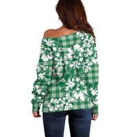 Hibiscus Pakala Emerald Green Off Shoulder Sweater Tropical Floral Stylized - Polynesian Pride