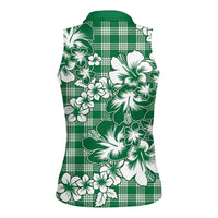 Hibiscus Pakala Emerald Green Women Sleeveless Polo Shirt Tropical Floral Stylized - Polynesian Pride
