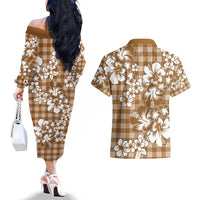 Hibiscus Pakala Bronze Brown Couples Matching Off The Shoulder Long Sleeve Dress and Hawaiian Shirt Tropical Floral Stylized - Polynesian Pride