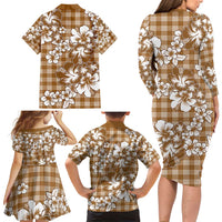 Hibiscus Pakala Bronze Brown Family Matching Long Sleeve Bodycon Dress and Hawaiian Shirt Tropical Floral Stylized - Polynesian Pride