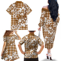 Hibiscus Pakala Bronze Brown Family Matching Off The Shoulder Long Sleeve Dress and Hawaiian Shirt Tropical Floral Stylized - Polynesian Pride