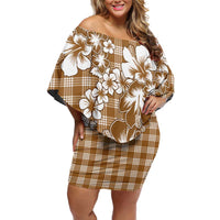 Hibiscus Pakala Bronze Brown Family Matching Off Shoulder Short Dress and Hawaiian Shirt Tropical Floral Stylized - Polynesian Pride