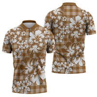Hibiscus Pakala Bronze Brown Zipper Polo Shirt Tropical Floral Stylized - Polynesian Pride