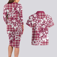 Hibiscus Pakala Royal Magenta Couples Matching Long Sleeve Bodycon Dress and Hawaiian Shirt Tropical Floral Stylized - Polynesian Pride