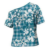 Hibiscus Pakala Ocean Depths Blue Cross Shoulder Shirt Tropical Floral Stylized - Polynesian Pride