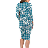 Hibiscus Pakala Ocean Depths Blue Family Matching Long Sleeve Bodycon Dress and Hawaiian Shirt Tropical Floral Stylized - Polynesian Pride