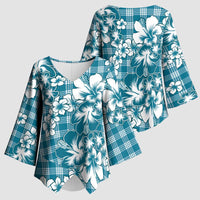 Hibiscus Pakala Ocean Depths Blue Kimono Sleeve Blouse Tropical Floral Stylized - Polynesian Pride