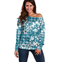 Hibiscus Pakala Ocean Depths Blue Off Shoulder Sweater Tropical Floral Stylized - Polynesian Pride