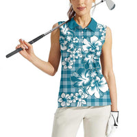 Hibiscus Pakala Ocean Depths Blue Women Sleeveless Polo Shirt Tropical Floral Stylized - Polynesian Pride
