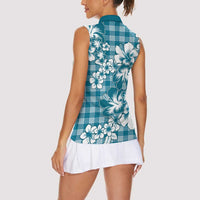 Hibiscus Pakala Ocean Depths Blue Women Sleeveless Polo Shirt Tropical Floral Stylized - Polynesian Pride