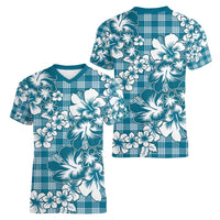 Hibiscus Pakala Ocean Depths Blue Women V-Neck T-Shirt Tropical Floral Stylized - Polynesian Pride