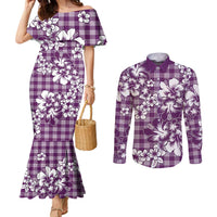 Hibiscus Pakala Sweetie Purple Couples Matching Mermaid Dress and Long Sleeve Button Shirt Tropical Floral Stylized - Polynesian Pride