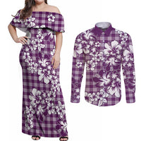 Hibiscus Pakala Sweetie Purple Couples Matching Off Shoulder Maxi Dress and Long Sleeve Button Shirt Tropical Floral Stylized - Polynesian Pride