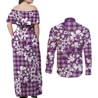 Hibiscus Pakala Sweetie Purple Couples Matching Off Shoulder Maxi Dress and Long Sleeve Button Shirt Tropical Floral Stylized - Polynesian Pride