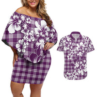 Hibiscus Pakala Sweetie Purple Couples Matching Off Shoulder Short Dress and Hawaiian Shirt Tropical Floral Stylized - Polynesian Pride