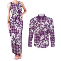 Hibiscus Pakala Sweetie Purple Couples Matching Tank Maxi Dress and Long Sleeve Button Shirt Tropical Floral Stylized - Polynesian Pride