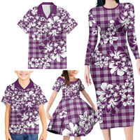 Hibiscus Pakala Sweetie Purple Family Matching Long Sleeve Bodycon Dress and Hawaiian Shirt Tropical Floral Stylized - Polynesian Pride