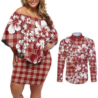 Hibiscus Pakala Fantasy Red Couples Matching Off Shoulder Short Dress and Long Sleeve Button Shirt Tropical Floral Stylized - Polynesian Pride