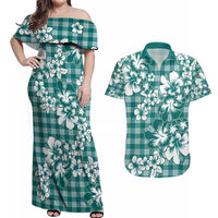 Hibiscus Pakala Aqua Teal Couples Matching Off Shoulder Maxi Dress and Hawaiian Shirt Tropical Floral Stylized - Polynesian Pride