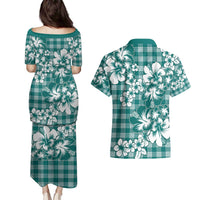 Hibiscus Pakala Aqua Teal Couples Matching Puletasi and Hawaiian Shirt Tropical Floral Stylized - Polynesian Pride