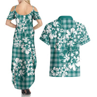 Hibiscus Pakala Aqua Teal Couples Matching Summer Maxi Dress and Hawaiian Shirt Tropical Floral Stylized - Polynesian Pride