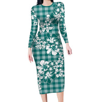 Hibiscus Pakala Aqua Teal Family Matching Long Sleeve Bodycon Dress and Hawaiian Shirt Tropical Floral Stylized - Polynesian Pride