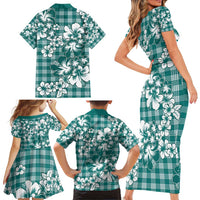 Hibiscus Pakala Aqua Teal Family Matching Short Sleeve Bodycon Dress and Hawaiian Shirt Tropical Floral Stylized - Polynesian Pride