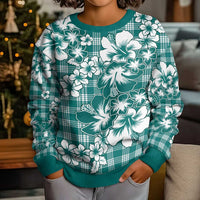 Hibiscus Pakala Aqua Teal Kid Ugly Christmas Sweater Tropical Floral Stylized - Polynesian Pride