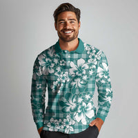 Hibiscus Pakala Aqua Teal Long Sleeve Polo Shirt Tropical Floral Stylized - Polynesian Pride