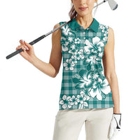 Hibiscus Pakala Aqua Teal Women Sleeveless Polo Shirt Tropical Floral Stylized - Polynesian Pride