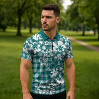 Hibiscus Pakala Aqua Teal Zipper Polo Shirt Tropical Floral Stylized - Polynesian Pride