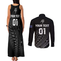 Custom New Zealand Cricket Couples Matching Tank Maxi Dress and Long Sleeve Button Shirt Maori Kiwi Black Fern