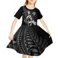 Custom New Zealand Cricket Kid Short Sleeve Dress Maori Kiwi Black Fern