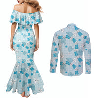 Hawaii Anthurium Tiare Pikake Lei Couples Matching Mermaid Dress and Long Sleeve Button Shirt UliUli Lauhala Art Pattern LT01 - Polynesian Pride