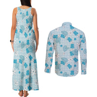 Hawaii Anthurium Tiare Pikake Lei Couples Matching Tank Maxi Dress and Long Sleeve Button Shirt UliUli Lauhala Art Pattern