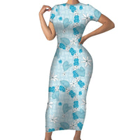 Hawaii Anthurium Tiare Pikake Lei Short Sleeve Bodycon Dress UliUli Lauhala Art Pattern LT01 Long Dress Blue - Polynesian Pride