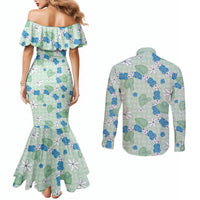 Hawaii Anthurium Tiare Pikake Lei Couples Matching Mermaid Dress and Long Sleeve Button Shirt Omaomao Lauhala Art Pattern
