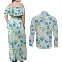 Hawaii Anthurium Tiare Pikake Lei Couples Matching Off Shoulder Maxi Dress and Long Sleeve Button Shirt Omaomao Lauhala Art Pattern
