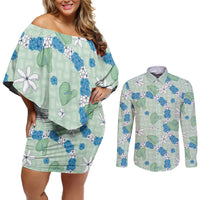 Hawaii Anthurium Tiare Pikake Lei Couples Matching Off Shoulder Short Dress and Long Sleeve Button Shirt Omaomao Lauhala Art Pattern