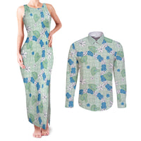 Hawaii Anthurium Tiare Pikake Lei Couples Matching Tank Maxi Dress and Long Sleeve Button Shirt Omaomao Lauhala Art Pattern
