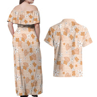 Hawaii Anthurium Tiare Pikake Lei Couples Matching Off Shoulder Maxi Dress and Hawaiian Shirt Alani Lauhala Art Pattern