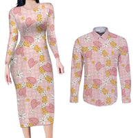 Hawaii Anthurium Tiare Pikake Lei Couples Matching Long Sleeve Bodycon Dress and Long Sleeve Button Shirt Akala Lauhala Art Pattern