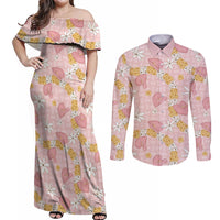 Hawaii Anthurium Tiare Pikake Lei Couples Matching Off Shoulder Maxi Dress and Long Sleeve Button Shirt Akala Lauhala Art Pattern LT01 Pink - Polynesian Pride