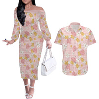 Hawaii Anthurium Tiare Pikake Lei Couples Matching Off The Shoulder Long Sleeve Dress and Hawaiian Shirt Akala Lauhala Art Pattern LT01 Pink - Polynesian Pride